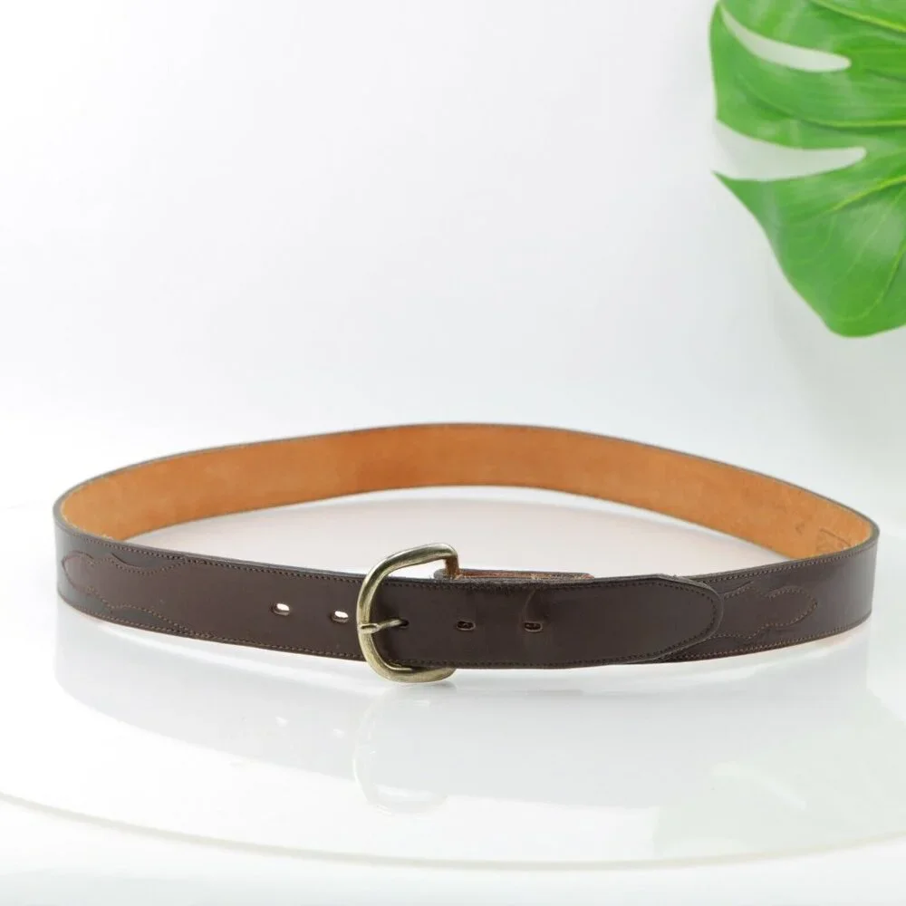 DunDee Mens Belt Size 42 Western Brown Leather Gold Tone Prong D-Ring Buckle